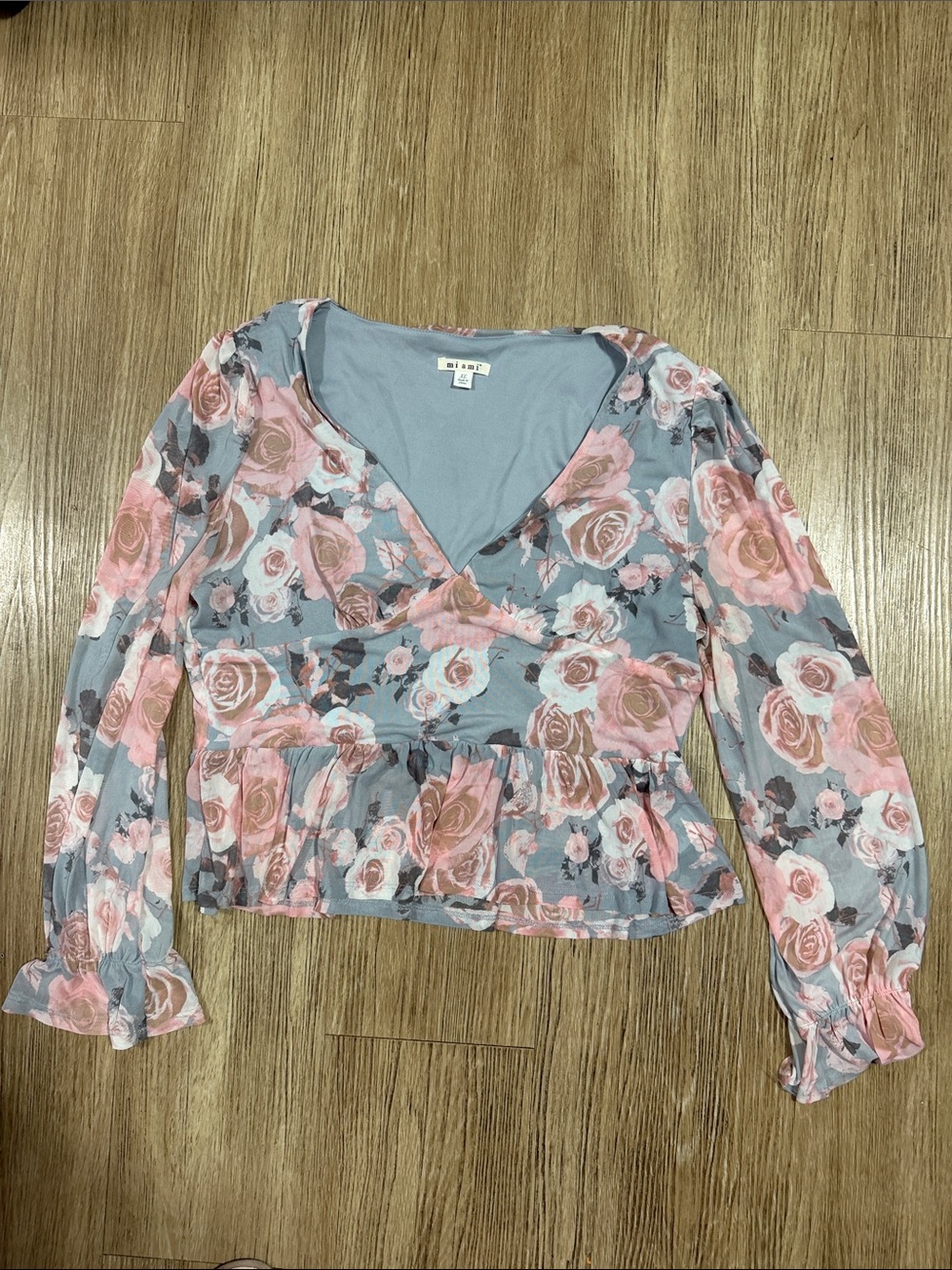 Miami Floral Wrap Peplum Top - Pink Rose on Blue Xl Junior